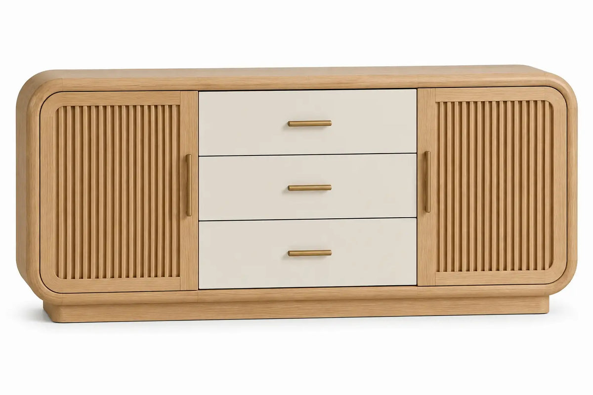 Credenza, ante scanalate e tre cassetti centrali, marrone/beige