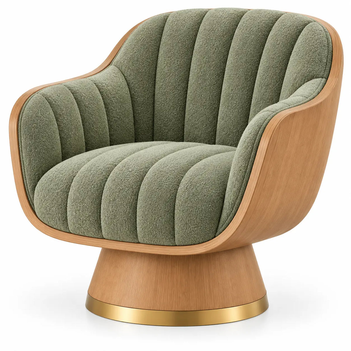 Poltrona, scocca curva e base circolare, verde/marrone/oro