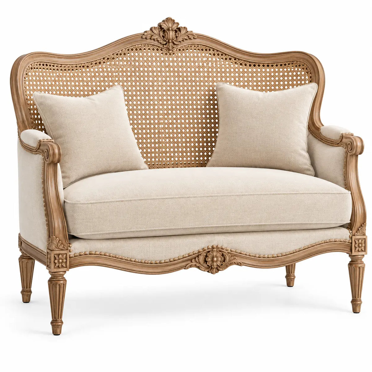 Divano a due posti, schienale intrecciato sagomato e braccioli, beige/marrone