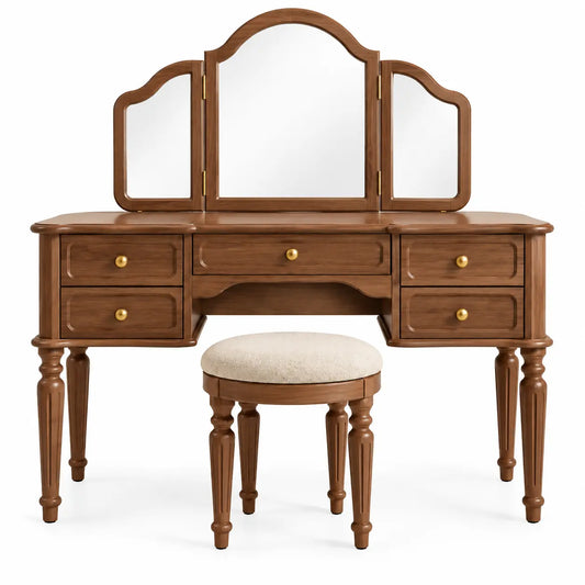 Mobile da toeletta con specchio, specchio a tre sezioni e gambe sagomate, marrone/beige