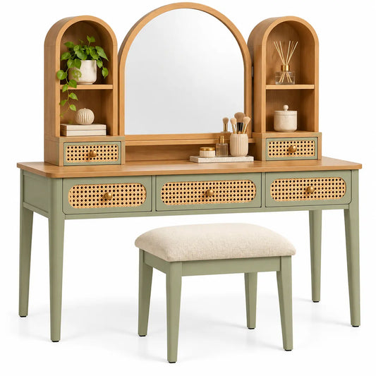 Mobile da toeletta con specchio, specchio arcuato e sgabello coordinato, verde/marrone/beige
