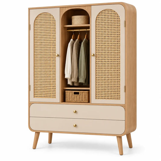 Armadio, ante intrecciate e cassetti inferiori, marrone/beige