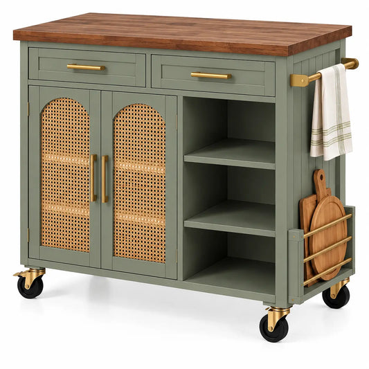 Carrello da cucina, ante intrecciate, ripiani laterali e ruote, verde/marrone