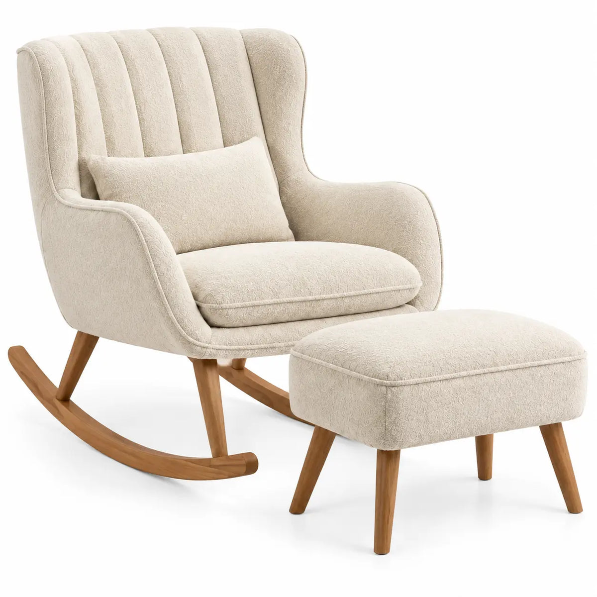Poltrona a dondolo con poggiapiedi, schienale alto imbottito e poggiapiedi coordinato, beige/marrone