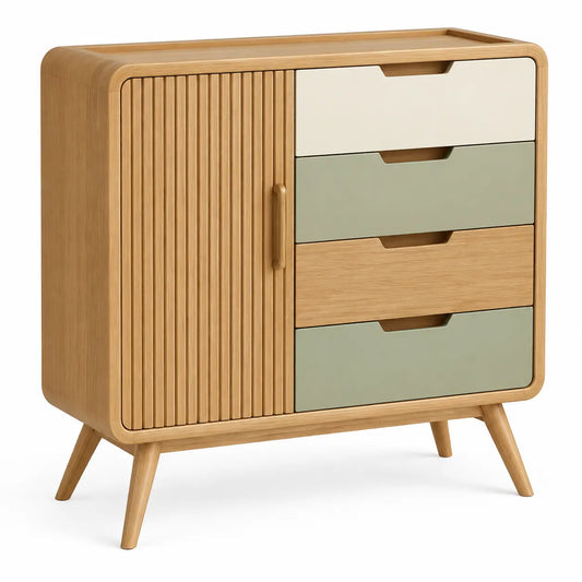 Credenza, anta scanalata e quattro cassetti, marrone/beige/verde