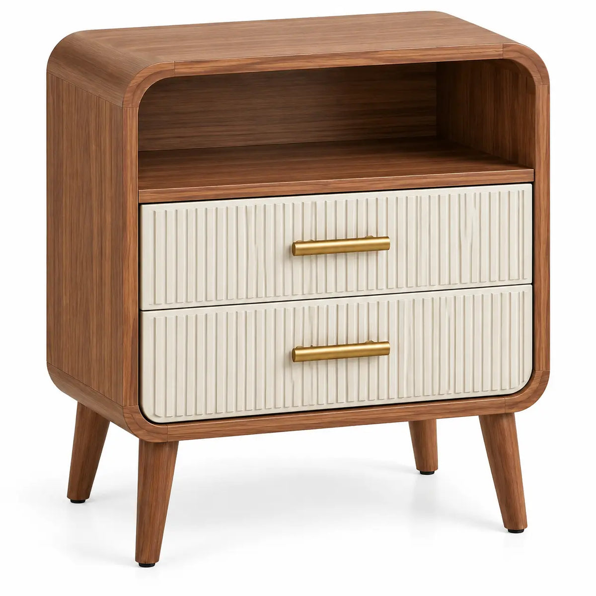 Comodino, vano aperto e due cassetti scanalati, marrone/beige